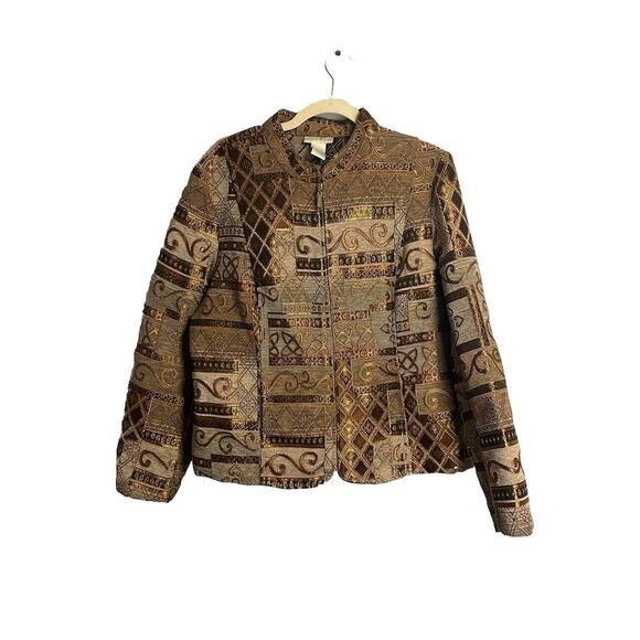 Tapestry Jacket Blazer Womans‎ XL Preswick Moore Tan Metallic Gold Full Zip Y2K - Picture 1 of 3